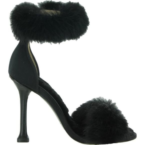 NIB Leon Max Elite Black Satin & Rabbit Fur Ankle Strap Heels Shoes - Picture 3 of 12